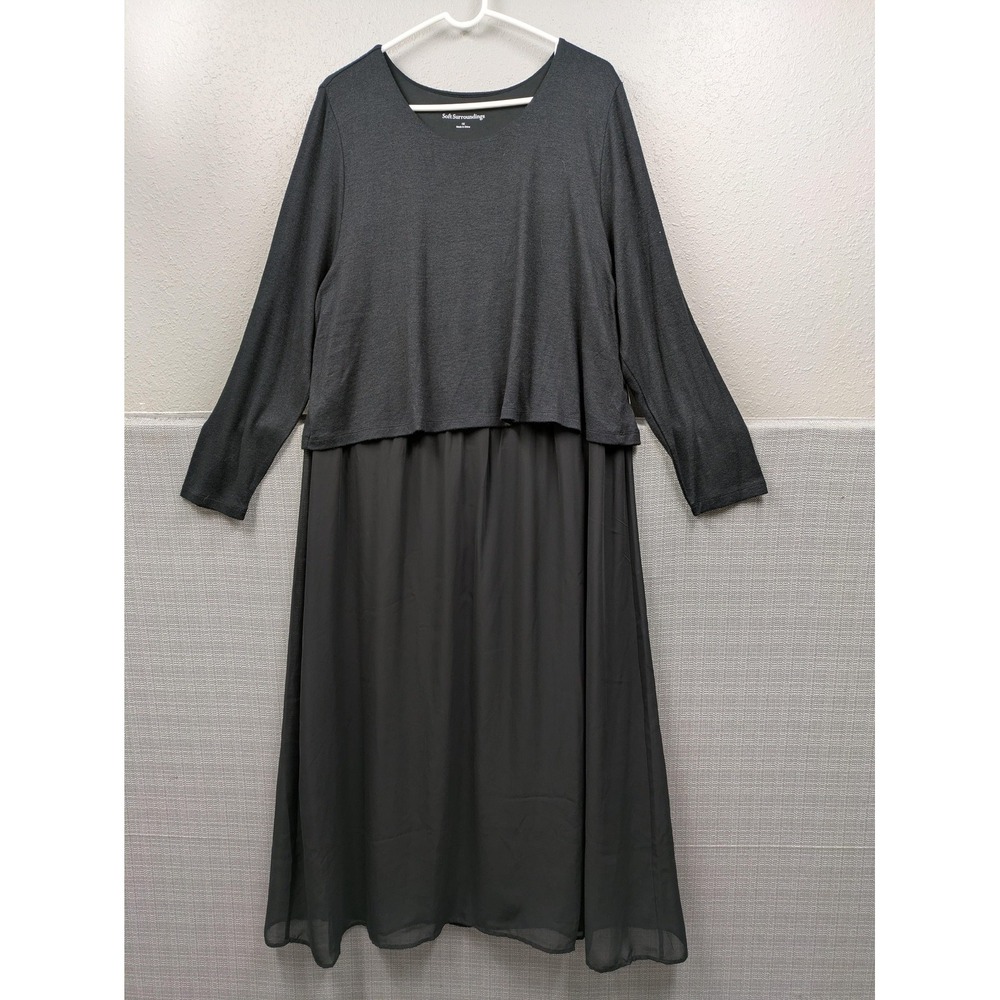 Soft Surroundings Sweater Dress Womens 1X Black Cassie Chiffon Maxi Long Sleeve